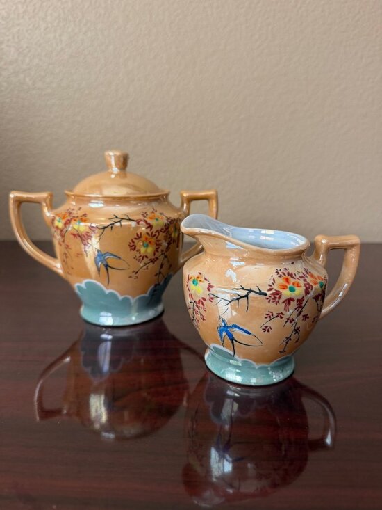 Other - Vintage Hand Painted Japanese Peach Lusterware Sugar Bowl & Creamer Set Bluebird